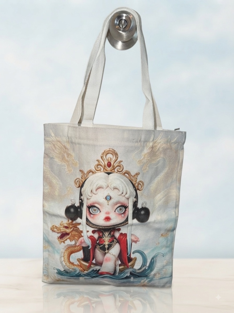 White Illustrated Goddess Tote Bag with Dragon Artwork